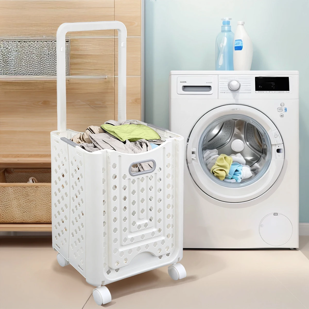 Foldable laundry basket with wheels, durable design, space-saving and breathable, multifunctional bathroom organizer and storage
Foldable laundry basket with wheels, durable design, space-saving and breathable, multifunctional bathroom organizer and storage
