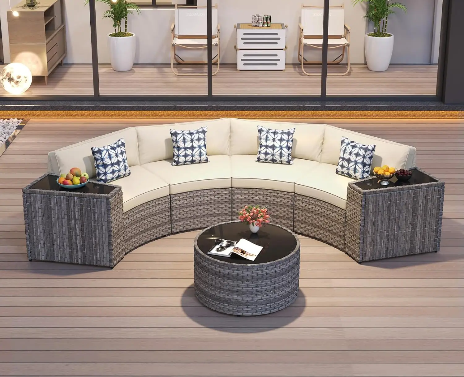 Outdoor Patio Half-Moon Furniture Set,Grey Rattan Sectional Round Set,Curved Sofa with Tempered Glass Coffee Table Beige, 7 PCS
Outdoor Patio Half-Moon Furniture Set,Grey Rattan Sectional Round Set,Curved Sofa with Tempered Glass Coffee Table Beige, 7 PCS