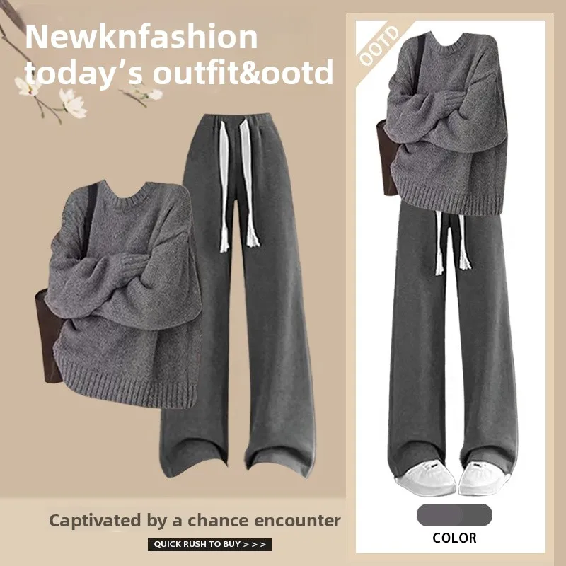 Winter Knitted Sweater And High Waist Wide Leg Pants Two Piece Set Women's Fashion Ensemble Lazy Korean Style plus Size Outfit
Winter Knitted Sweater And High Waist Wide Leg Pants Two Piece Set Women's Fashion Ensemble Lazy Korean Style plus Size Outfit