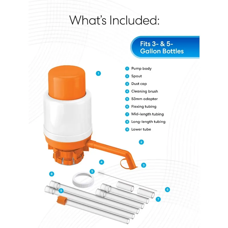 Orange Water Pump for 1 to 6 Gallon Water Bottles 48mm and 55mm
Orange Water Pump for 1 to 6 Gallon Water Bottles 48mm and 55mm