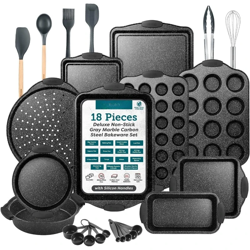 18-Piece Kitchen Oven Baking Set: Nonstick Gray Marble Coating, Carbon Steel Bakeware, Silicone Handles
18-Piece Kitchen Oven Baking Set: Nonstick Gray Marble Coating, Carbon Steel Bakeware, Silicone Handles