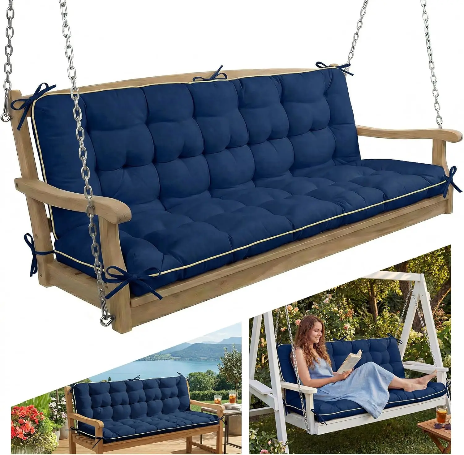 60x40 Inch Outdoor Swing Cushions with Backrest, Tie Straps, Crushed Sponge Filled, for Patio Bench 2-3 Seater, Blue
60x40 Inch Outdoor Swing Cushions with Backrest, Tie Straps, Crushed Sponge Filled, for Patio Bench 2-3 Seater, Blue