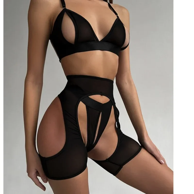 Сексуальный комплект нижнего белья, открытый бюстгальтер, трусики с вырезами, прозрачный тюль, женское горячее ночное белье на день Святого Валентина, эротическое фантазийное нижнее белье