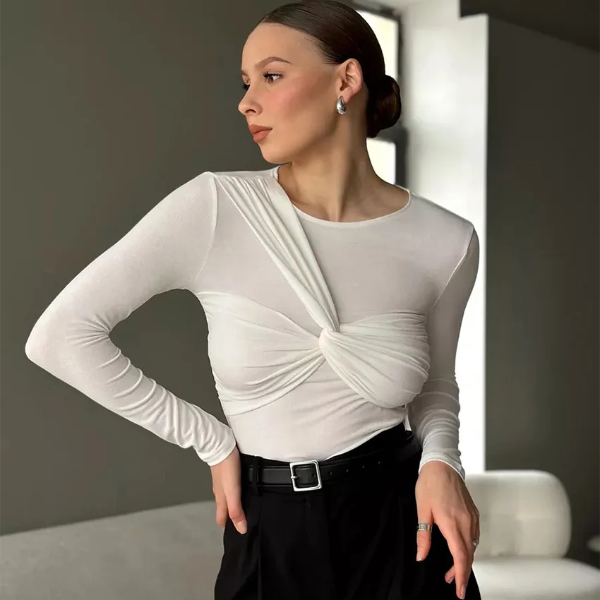 WXOY Women O-Neck Long Sleeve Twisted Knot Ruched Blouse Slim Fit White Top Casual Chic Basic Tee for Daily Office Street Part
WXOY Women O-Neck Long Sleeve Twisted Knot Ruched Blouse Slim Fit White Top Casual Chic Basic Tee for Daily Office Street Part