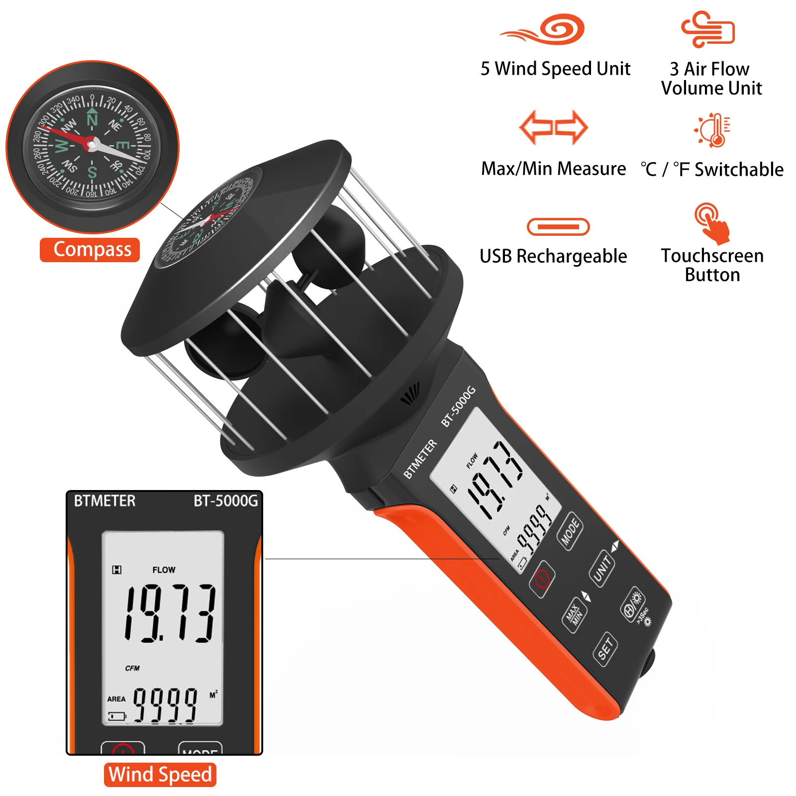 5000G Portable Anemometer Wind Speed Air Volume T Meter 5-in-1 Waterproof Backlight Rechargeable for HVAC Drone Sailing Workshop
5000G Portable Anemometer Wind Speed Air Volume T Meter 5-in-1 Waterproof Backlight Rechargeable for HVAC Drone Sailing Workshop