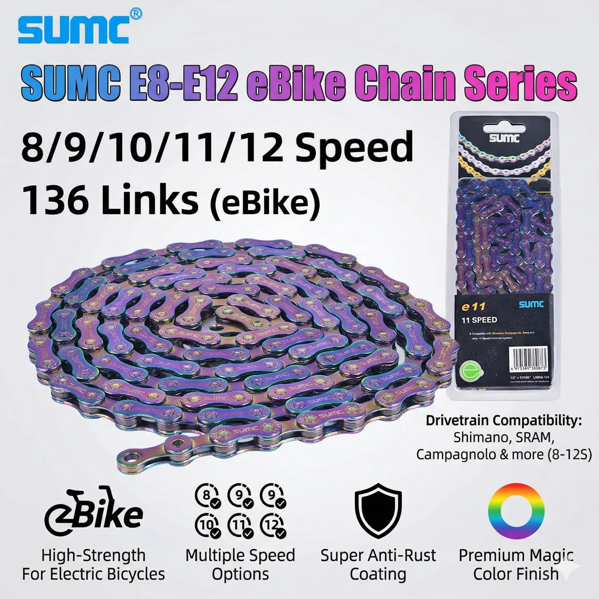 Cadena SUMC para eBike 8 9 10 11 12 Velocidades, 136 Eslabones, Colorido Revestimiento de Nitruro de Titanio, Antióxido
Cadena SUMC para eBike 8 9 10 11 12 Velocidades, 136 Eslabones, Colorido Revestimiento de Nitruro de Titanio, Antióxido