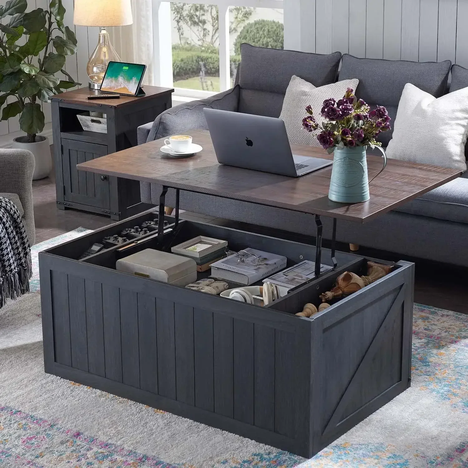 48" Lift Top Coffee Table, Farmhouse Cocktai with Sliding Groove Barn Door, Rustic Wood Center Table w/Double Storage Spaces
48" Lift Top Coffee Table, Farmhouse Cocktai with Sliding Groove Barn Door, Rustic Wood Center Table w/Double Storage Spaces