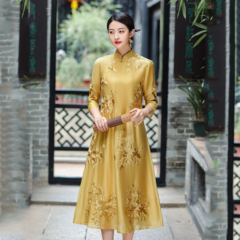 High Quality Summer 2022 New Palace Embroidery Women's Clothing Stand Collar Three Quarter Sleeves Elegant Lady Dress S-XXL
High Quality Summer 2022 New Palace Embroidery Women's Clothing Stand Collar Three Quarter Sleeves Elegant Lady Dress S-XXL