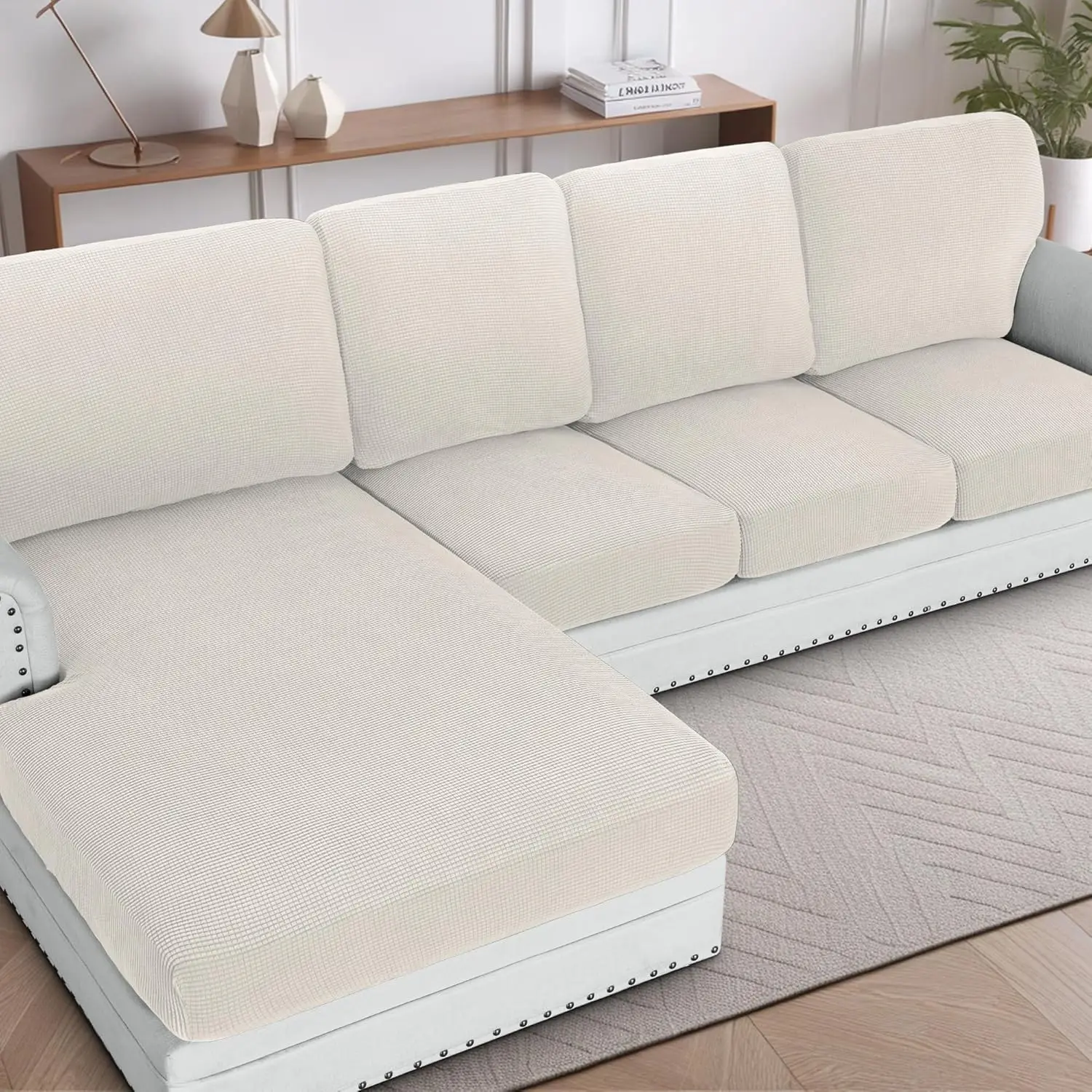 4-Piece L-Shape Sectional Sofa Covers for Left/Right Chaise, Ivory Seat Cushion Protectors - Easy Fit & Washable
4-Piece L-Shape Sectional Sofa Covers for Left/Right Chaise, Ivory Seat Cushion Protectors - Easy Fit & Washable