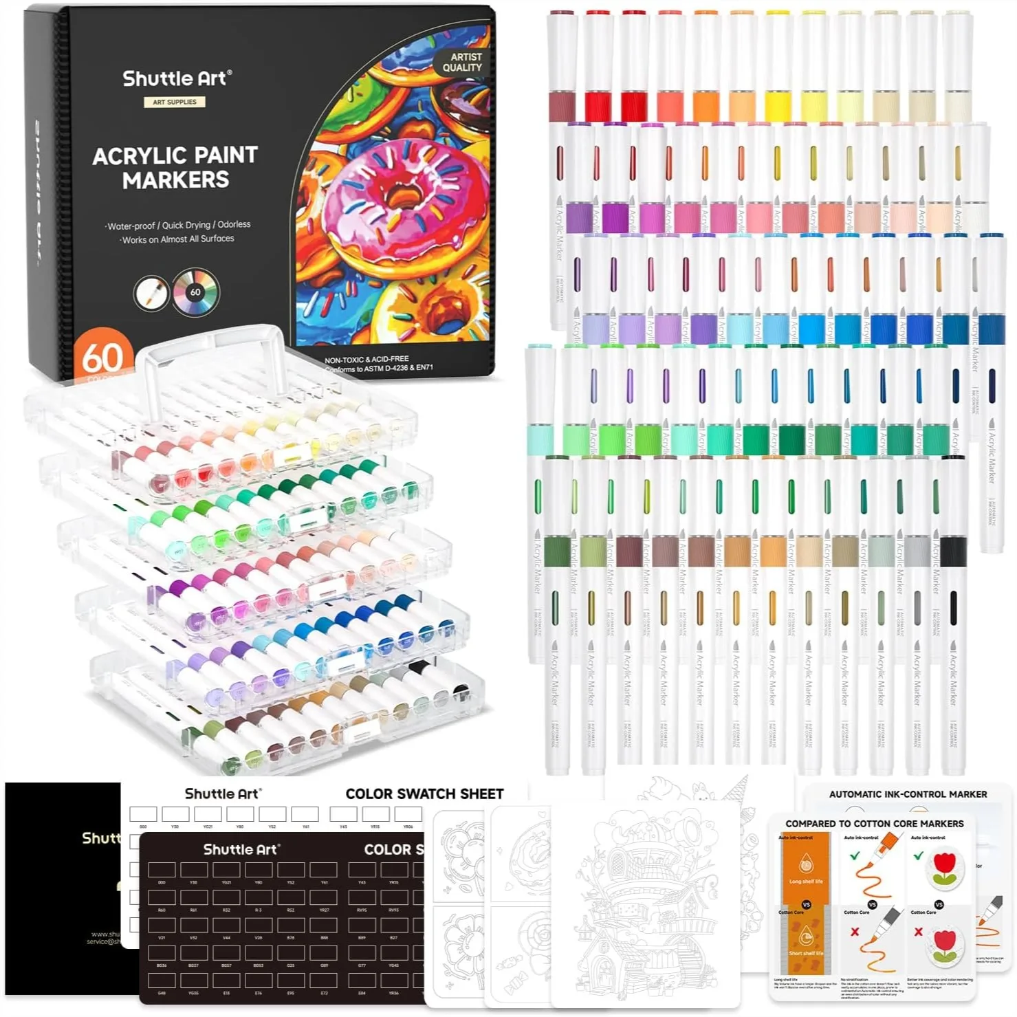 Acrylic Paint Markers, 60 Colors Brush Tip Pens for Rock Painting, Ceramic, Wood, Canvas, Glass - Auto Ink Control
Acrylic Paint Markers, 60 Colors Brush Tip Pens for Rock Painting, Ceramic, Wood, Canvas, Glass - Auto Ink Control