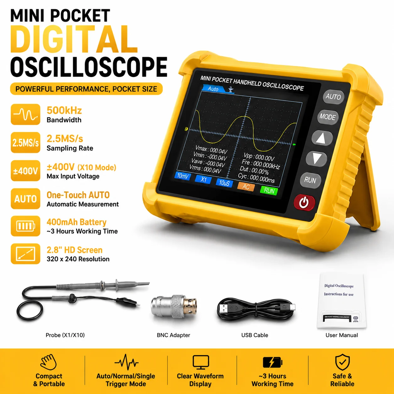 HOLDPEAK Pocket Digital Oscilloscope 250kHz 2.5MS/s AUTO USB Rechargeable Waveform Analyzer for Electronics Repair
HOLDPEAK Pocket Digital Oscilloscope 250kHz 2.5MS/s AUTO USB Rechargeable Waveform Analyzer for Electronics Repair