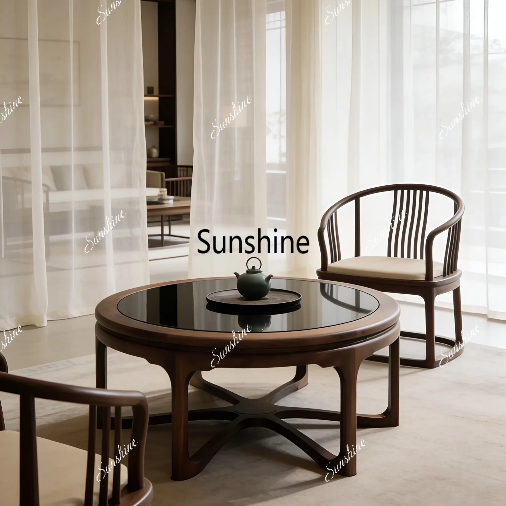 New Chinese style all-solid wood round glass surface coffee table living room small apartment
New Chinese style all-solid wood round glass surface coffee table living room small apartment