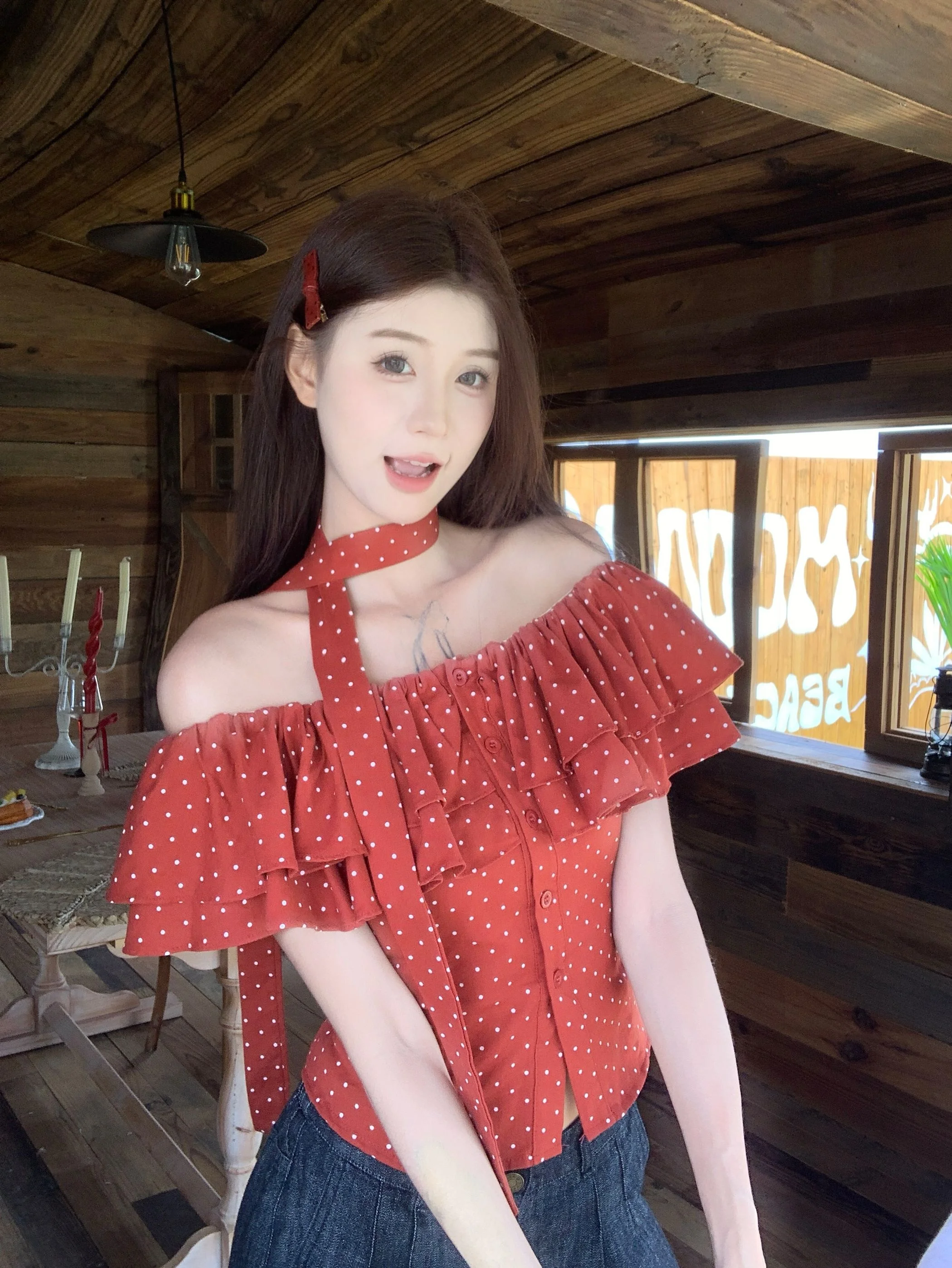 Summer Polka Dot Blouse Short One Shoulder Flounce Sleeve Ribbon Design Slimming Fashionable Breathable Polyester Shirt
Summer Polka Dot Blouse Short One Shoulder Flounce Sleeve Ribbon Design Slimming Fashionable Breathable Polyester Shirt