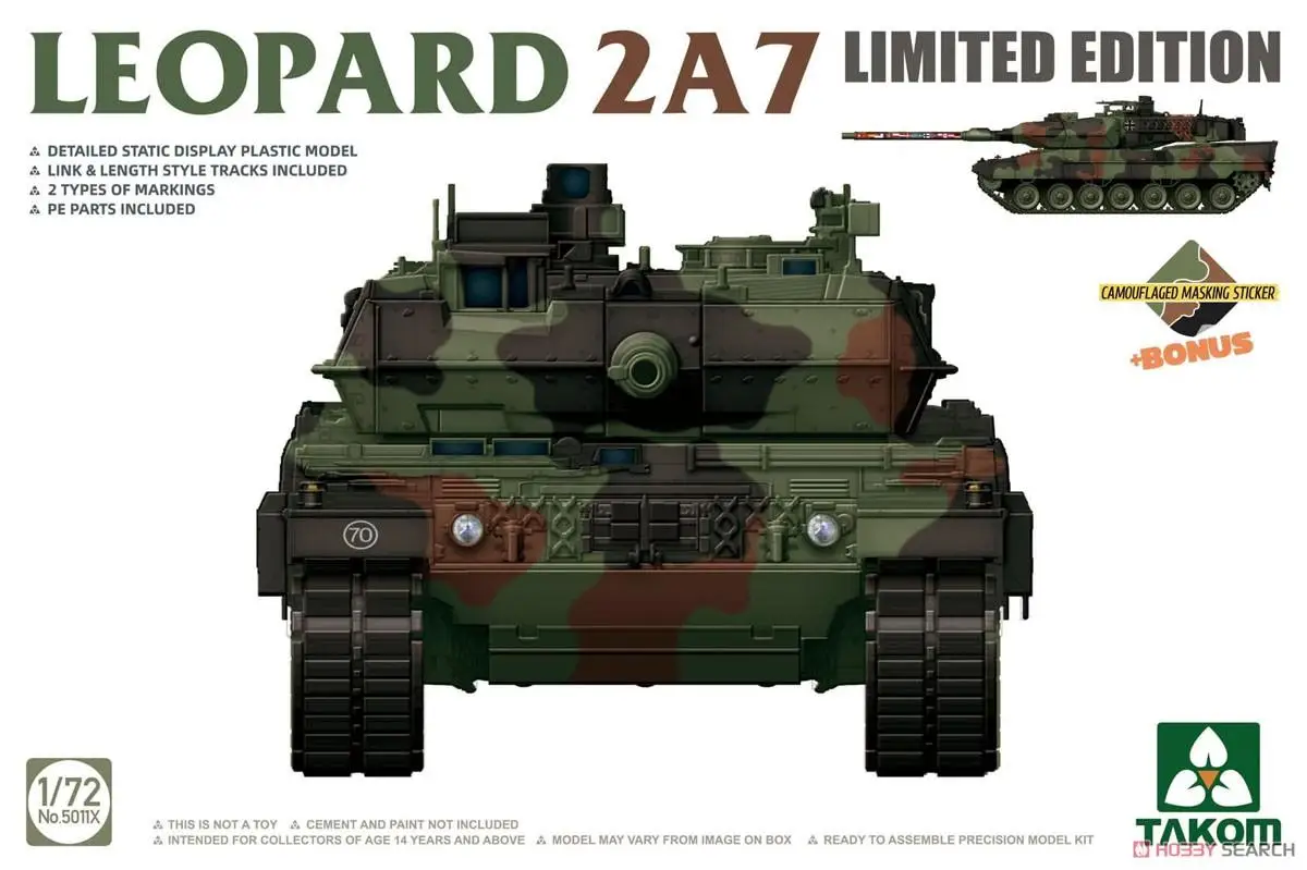 Takom 5011X 1/72 Leopard 2A7 w/Camouflage Mask Sheet Limited Edition model kit
Takom 5011X 1/72 Leopard 2A7 w/Camouflage Mask Sheet Limited Edition model kit