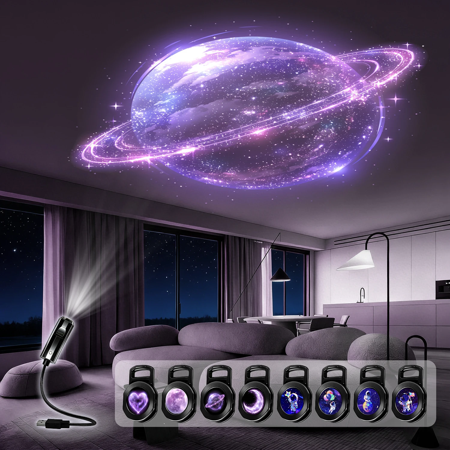Eight patterned planet projection lights, 360° rotating, suitable for ceiling decorations and bedside nightlights.
Eight patterned planet projection lights, 360° rotating, suitable for ceiling decorations and bedside nightlights.