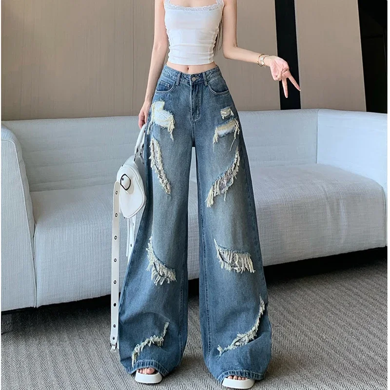 Women Vintage Lace Mesh Patchwork Distressed Jeans High Waist Y2K American Retro 90s Grunge Streetwear Ripped Denim Pants
Women Vintage Lace Mesh Patchwork Distressed Jeans High Waist Y2K American Retro 90s Grunge Streetwear Ripped Denim Pants