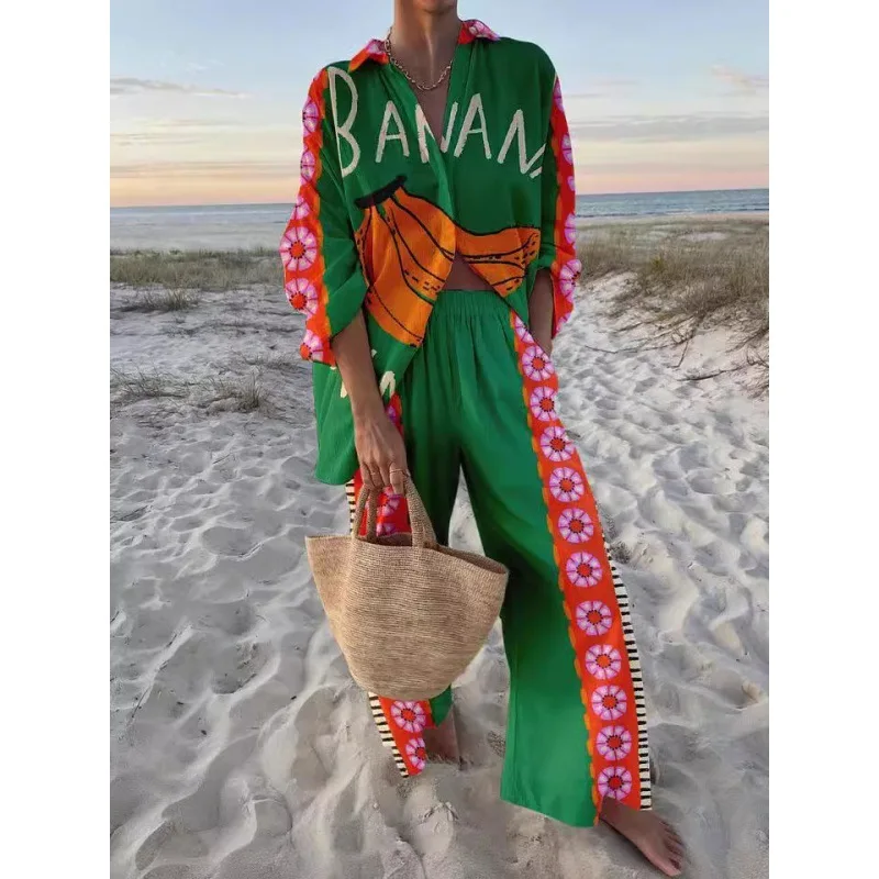 Ladies' fashionable printed leisure vacation beach style pajamas set for autumn/winter 2024
Ladies' fashionable printed leisure vacation beach style pajamas set for autumn/winter 2024