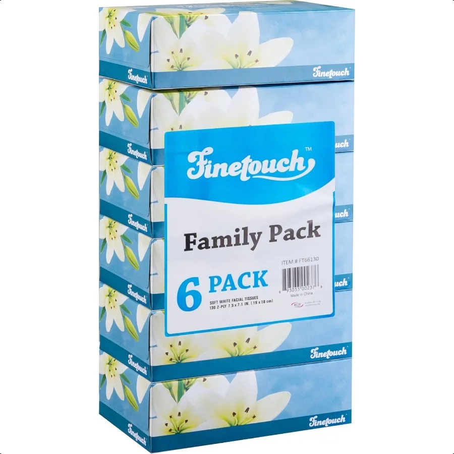 Finetouch 2Ply Facial Tissues 6 Boxes of 130 Soft Tissues 780 Total Strong Gentle Tissue for Home Office or Travel Use
Finetouch 2Ply Facial Tissues 6 Boxes of 130 Soft Tissues 780 Total Strong Gentle Tissue for Home Office or Travel Use