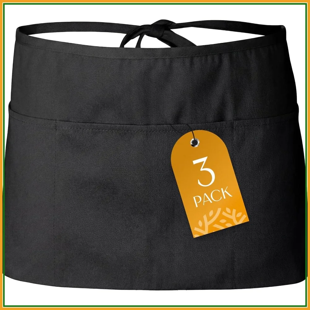 White Classic 3 Pack - Black Server Waist Aprons with 3 Pockets, Waitress Half Apron
White Classic 3 Pack - Black Server Waist Aprons with 3 Pockets, Waitress Half Apron