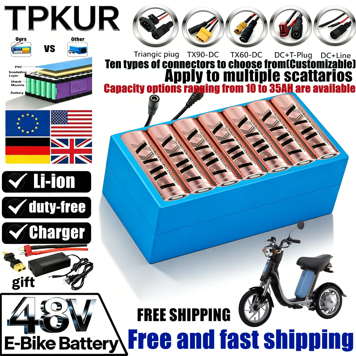 48V high-capacity lithium battery pack (10-35Ah) with a stable 13S6P configuration, featuring a built-in BMS, and dedicated comp
48V high-capacity lithium battery pack (10-35Ah) with a stable 13S6P configuration, featuring a built-in BMS, and dedicated comp