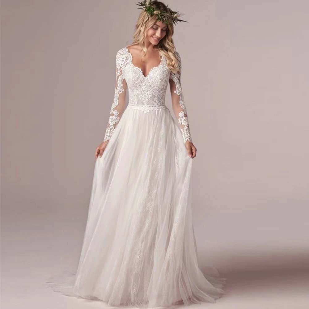 Beautiful Wedding Dresses For Women V-Neck A-Line Design Bridal Dress Full Sleeves Backless Sexy Bride Dress Tulle Appliques
Beautiful Wedding Dresses For Women V-Neck A-Line Design Bridal Dress Full Sleeves Backless Sexy Bride Dress Tulle Appliques
