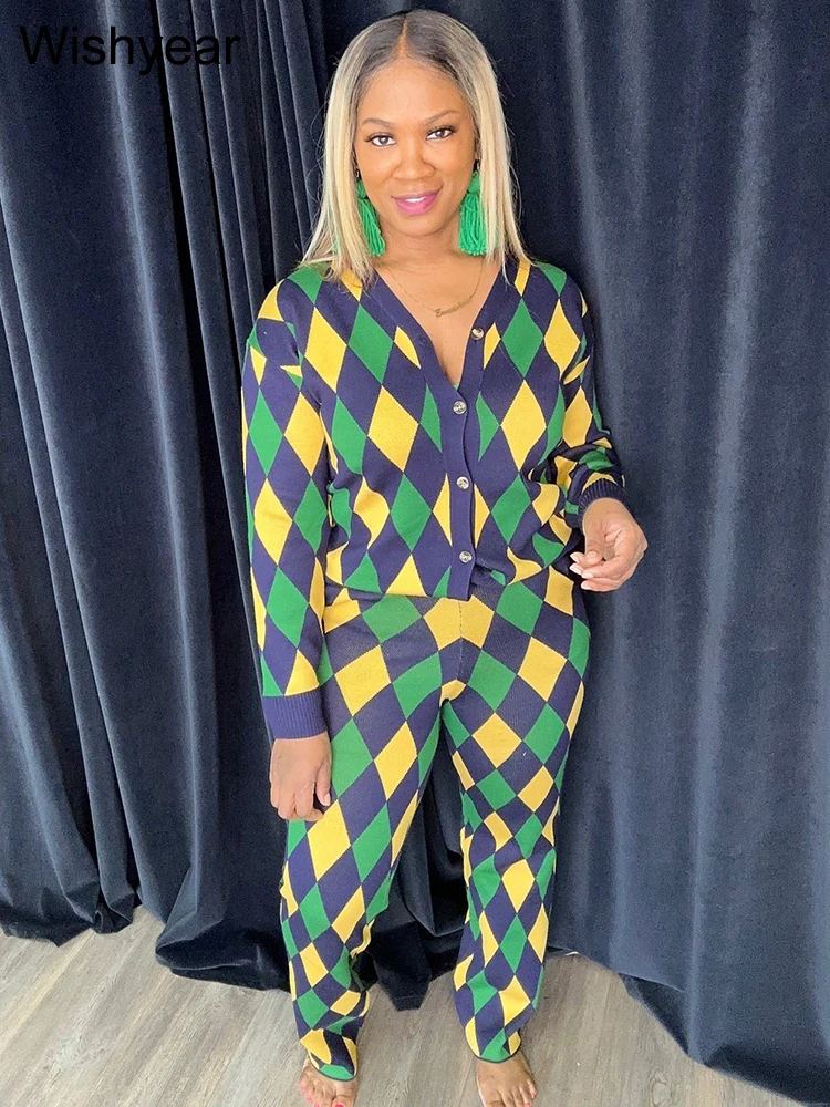 Casual Colorful Rhombic Lattice Knitted Long Sleeve Sweaters Tops and Wide Leg Pants 2 Piece Set Women Birthday Street Outfits
Casual Colorful Rhombic Lattice Knitted Long Sleeve Sweaters Tops and Wide Leg Pants 2 Piece Set Women Birthday Street Outfits