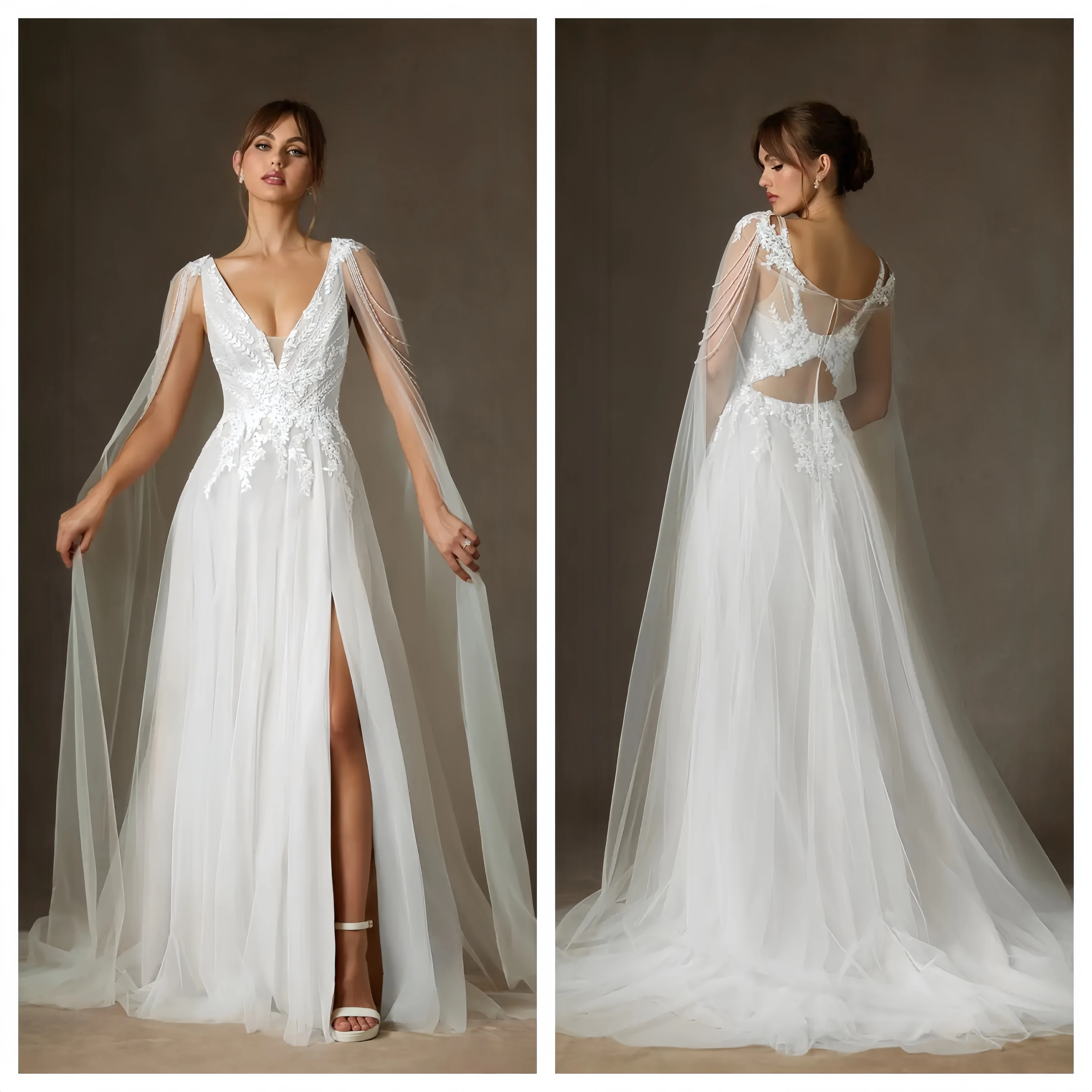 Long-train Tulle V-neck Lace Appliqué Wwedding Dress Women, Featuring High-quality Handmade Beaded Detachable Shawl.
Long-train Tulle V-neck Lace Appliqué Wwedding Dress Women, Featuring High-quality Handmade Beaded Detachable Shawl.