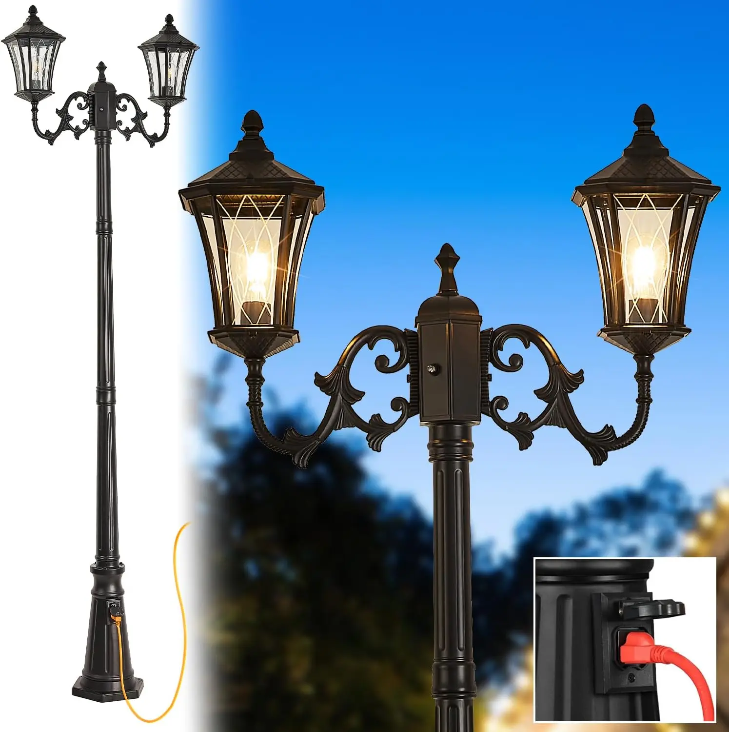 Dusk to Dawn Outdoor Lamp Post Lights with Outlet, Hardwired 2-Head Street Light Fixtures with Patterned Glass, Waterproof Outsi
Dusk to Dawn Outdoor Lamp Post Lights with Outlet, Hardwired 2-Head Street Light Fixtures with Patterned Glass, Waterproof Outsi