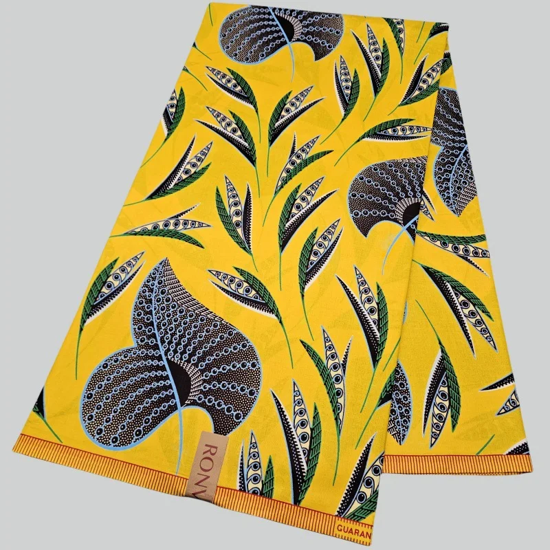 46 дюймов * 6 ярдов с принтом листьев, золотисто-желтый африканский хлопок, восковая ткань в стиле батик для самостоятельного шитья одежды, брюк, наволочки R2307
