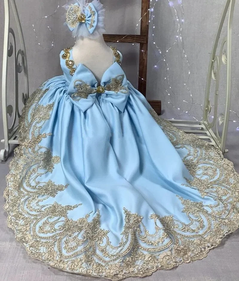 Flower Girl Dress Sky Blue Satin Tulle Gold Applique Beading Sleeveless Child First Eucharistic Birthday Party Dress Customized
Flower Girl Dress Sky Blue Satin Tulle Gold Applique Beading Sleeveless Child First Eucharistic Birthday Party Dress Customized