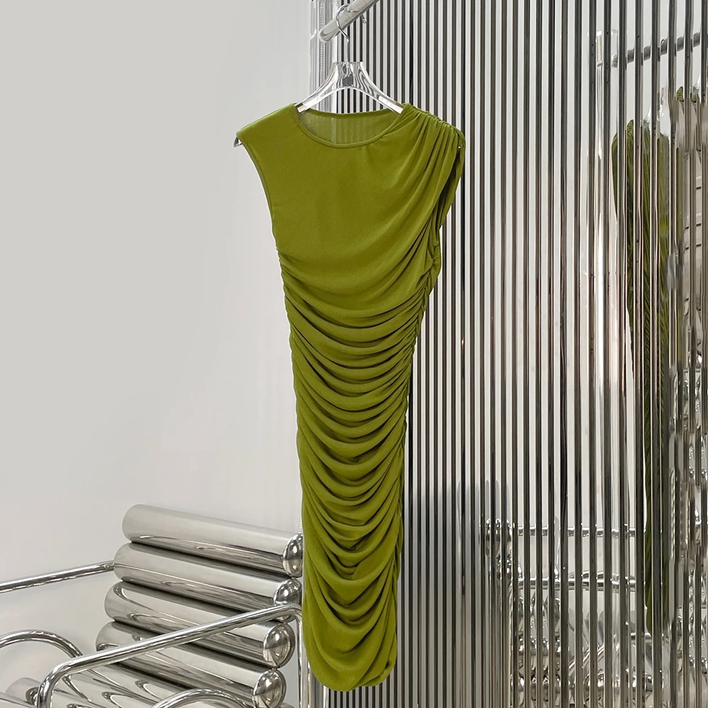 Women's Ruched Midi Dress Sleeveless Round Neck Bodycon Olive Green Pleated Cocktail Party Dress Elegant Slim Fit Streetwear
Women's Ruched Midi Dress Sleeveless Round Neck Bodycon Olive Green Pleated Cocktail Party Dress Elegant Slim Fit Streetwear