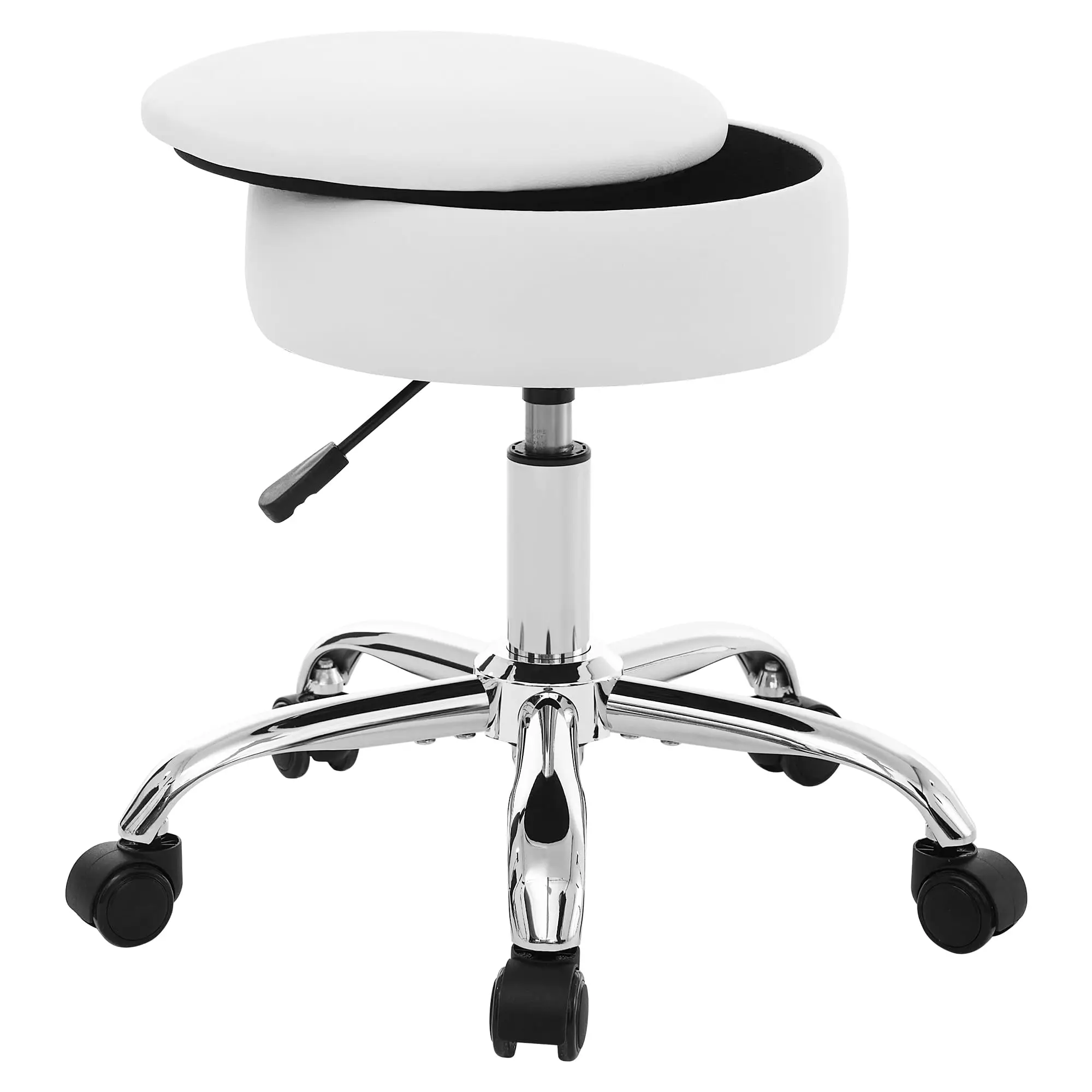 White Swivel Vanity Stool With Adjustable Height And Storage Compartment, Faux Leather Upholstery, Chrome Base
White Swivel Vanity Stool With Adjustable Height And Storage Compartment, Faux Leather Upholstery, Chrome Base