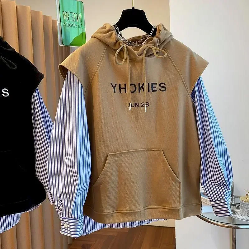 Oversized Hoodies Women Korean Loose Hoodie Fashion Striped Shirt Patchwork Hooded Coats Fake Two-piece Tops Spring Autumn Trend
Oversized Hoodies Women Korean Loose Hoodie Fashion Striped Shirt Patchwork Hooded Coats Fake Two-piece Tops Spring Autumn Trend