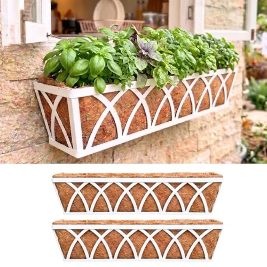 Wall planter for indoor/outdoor use, white metal, rectangular hanging design, 30-inch size, includes coco liner, ideal for wind
Wall planter for indoor/outdoor use, white metal, rectangular hanging design, 30-inch size, includes coco liner, ideal for wind