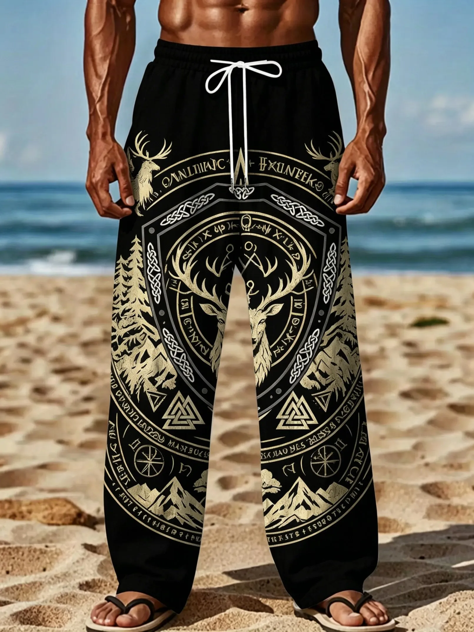 Men's Spring Summer Nordic Deer Rune Symbol Print Drawstring Pants, Vintage Celtic Trousers for Beach Daily Casual Street Outfit
Men's Spring Summer Nordic Deer Rune Symbol Print Drawstring Pants, Vintage Celtic Trousers for Beach Daily Casual Street Outfit