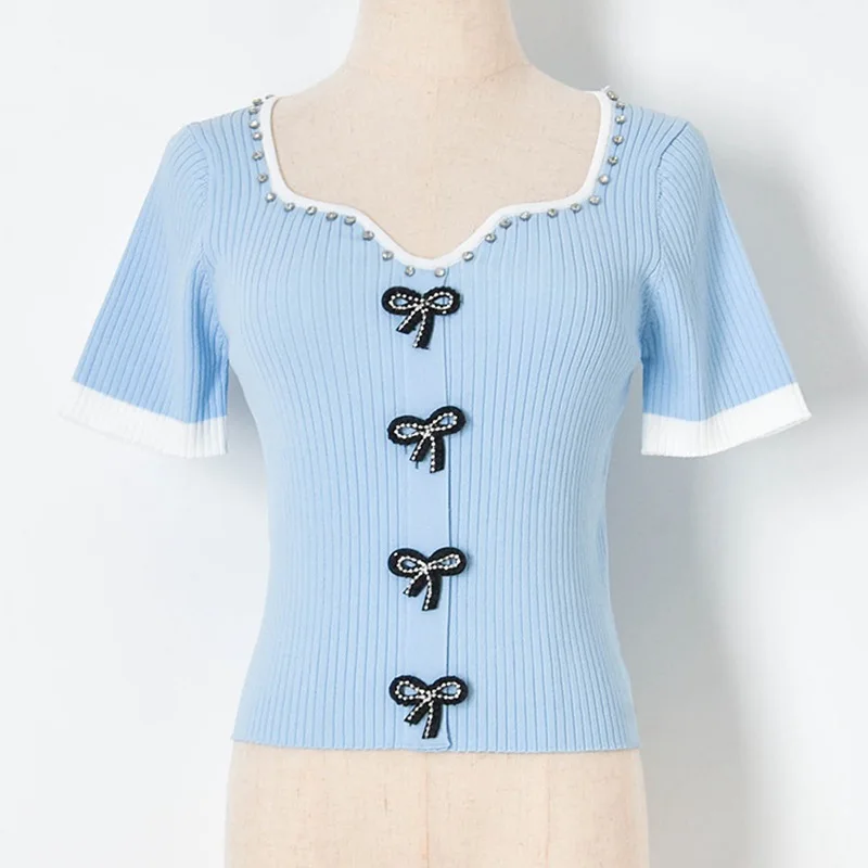 2022 Summer New Contrast Color Hot Drilling Collar Bowknot Elastic Knitted Sweater Short-Sleeved T-Shirt Women's Top s252
2022 Summer New Contrast Color Hot Drilling Collar Bowknot Elastic Knitted Sweater Short-Sleeved T-Shirt Women's Top s252