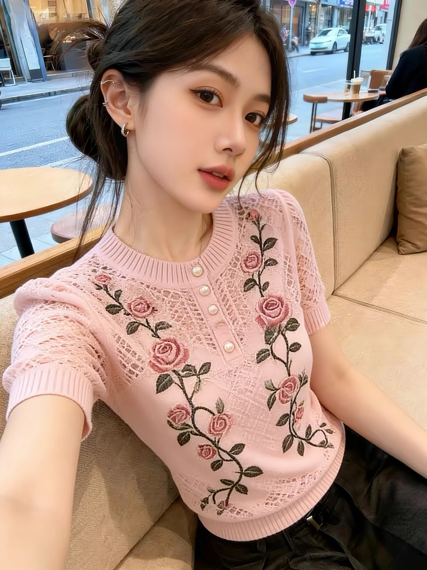Rose Print Short Sleeve Knitted Top Women's Summer New Style Ageless Self-Keeping Hook Flower Hollow out Korean Version Strai...
Rose Print Short Sleeve Knitted Top Women's Summer New Style Ageless Self-Keeping Hook Flower Hollow out Korean Version Strai...