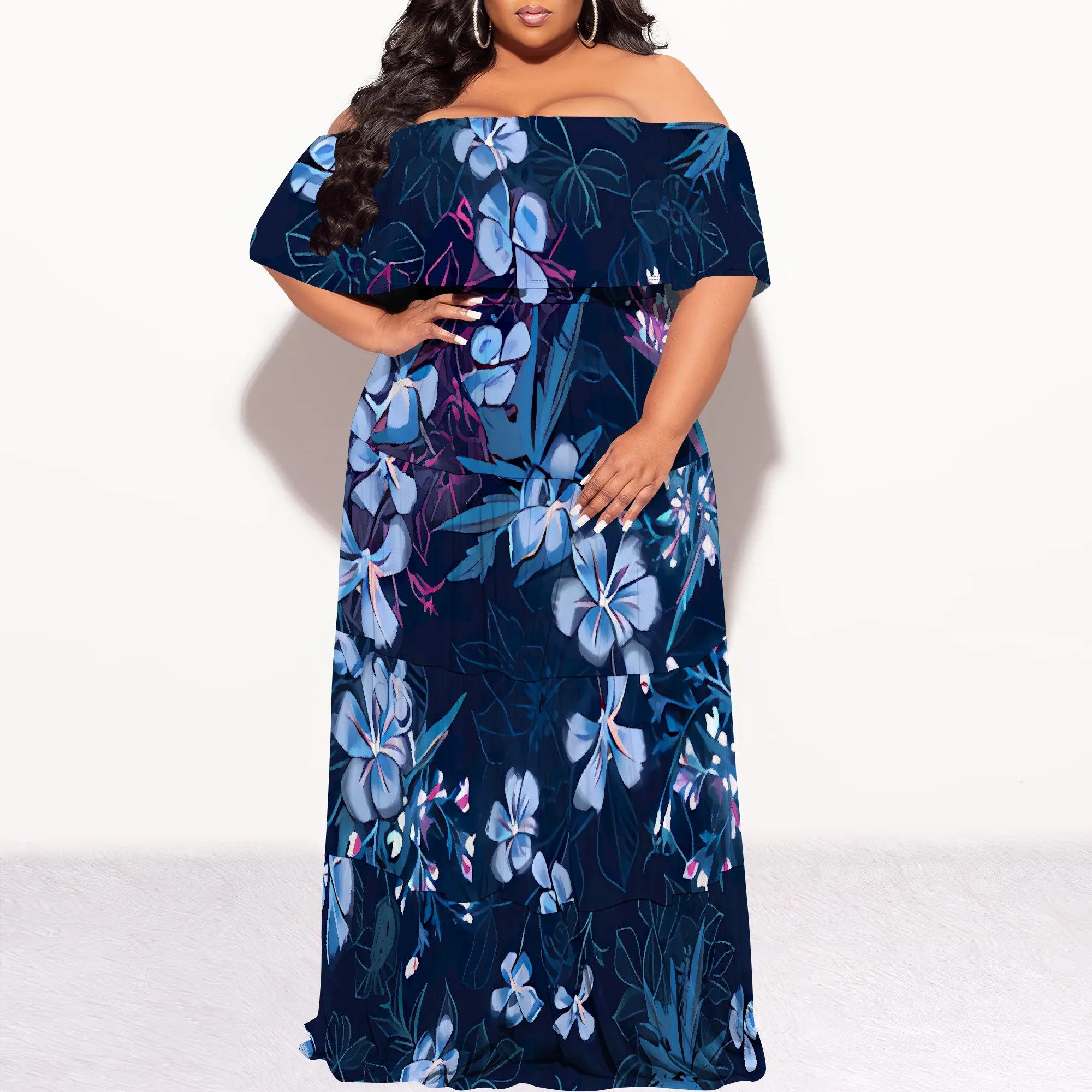 Plus Size Off Shoulder Maxi Dress Navy Blue Botanical Print Casual Beach Vacation Outfit
Plus Size Off Shoulder Maxi Dress Navy Blue Botanical Print Casual Beach Vacation Outfit