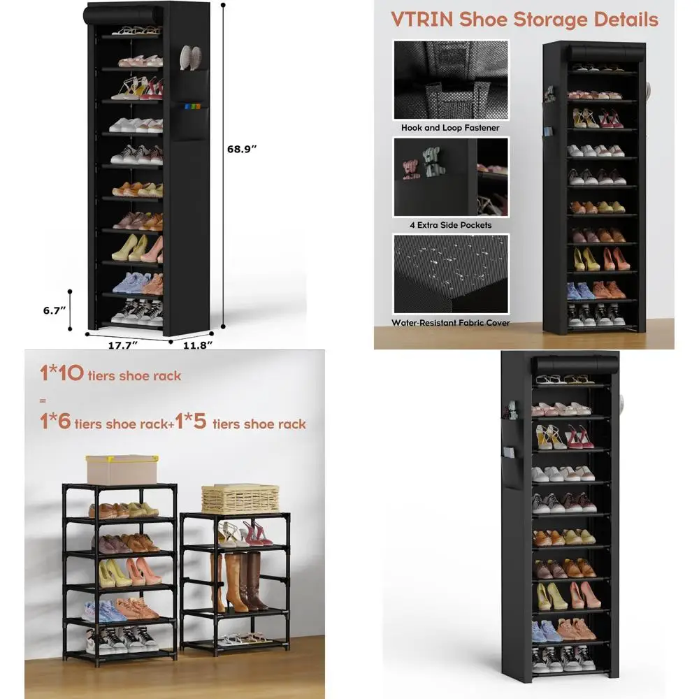 10-ярусная высокая полка-органайзер для обуви, вмещает 20-22 пары, с пылезащитным чехлом из нетканого материала, идеально подходит для гардеробной или прихожей, черная.
10-ярусная высокая полка-органайзер для обуви, вмещает 20-22 пары, с пылезащитным чехлом из нетканого материала, идеально подходит для гардеробной или прихожей, черная.