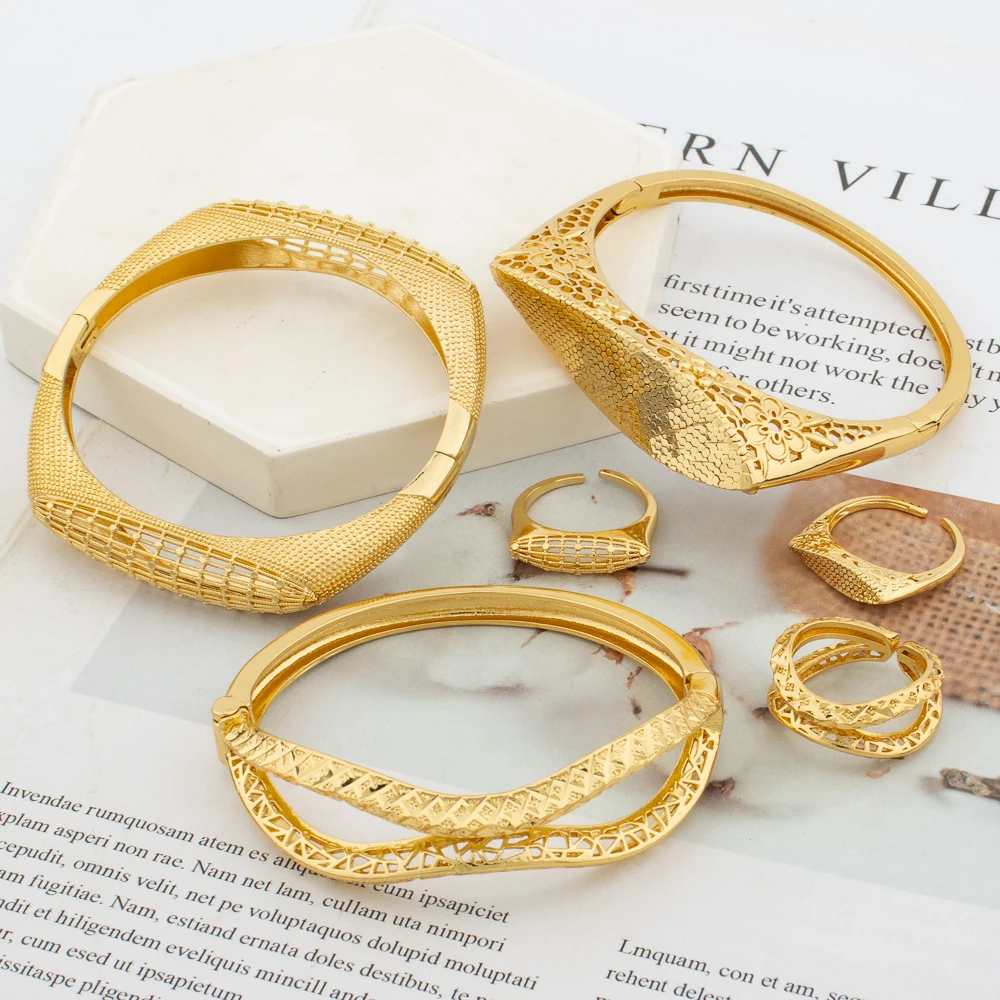3sets/lot Bangle and Ring Jewelry Set for Women 18k Gold Color Hand Bracelet Finger Ring Set for Engagement Party Jewelry Gifts
3sets/lot Bangle and Ring Jewelry Set for Women 18k Gold Color Hand Bracelet Finger Ring Set for Engagement Party Jewelry Gifts