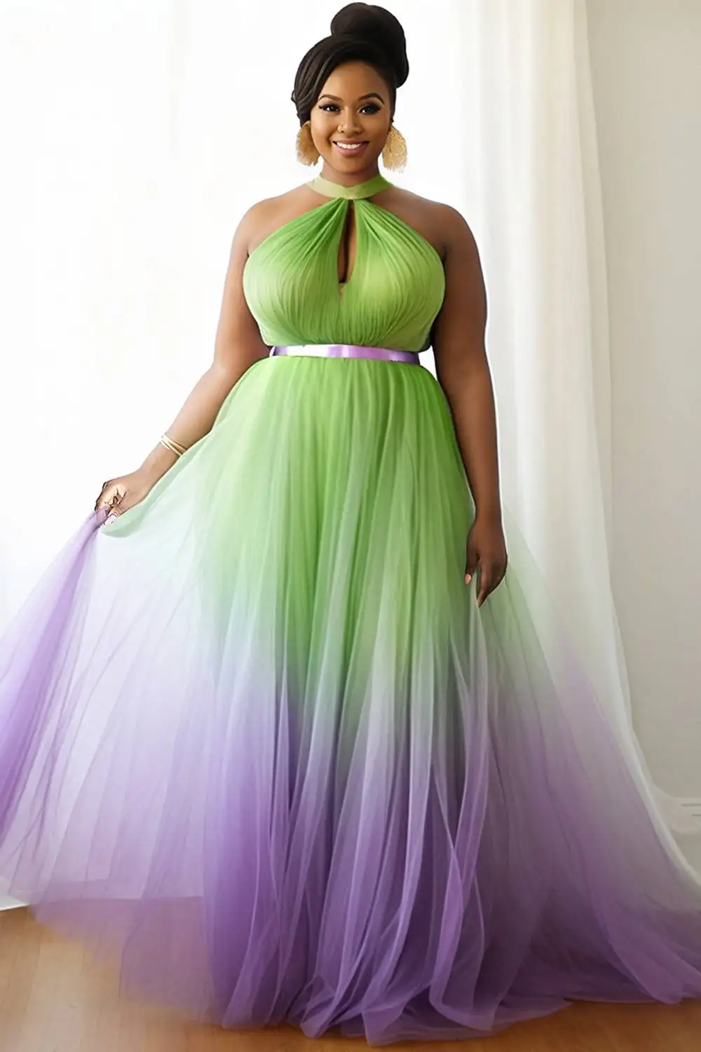 Plus Size Wedding Guest Multicolor Gradient Halter Collar Cut Out Tulle Maxi Dresses 
Plus Size Wedding Guest Multicolor Gradient Halter Collar Cut Out Tulle Maxi Dresses