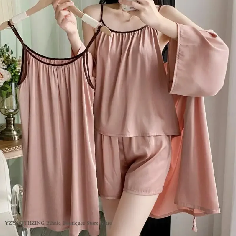 Female Robe Pajamas 4PCS Set Spring Summer New Sleepwear Home Dress Sexy Pink Satin Bathrobe Pijamas Suit Casual Loungewear
Female Robe Pajamas 4PCS Set Spring Summer New Sleepwear Home Dress Sexy Pink Satin Bathrobe Pijamas Suit Casual Loungewear