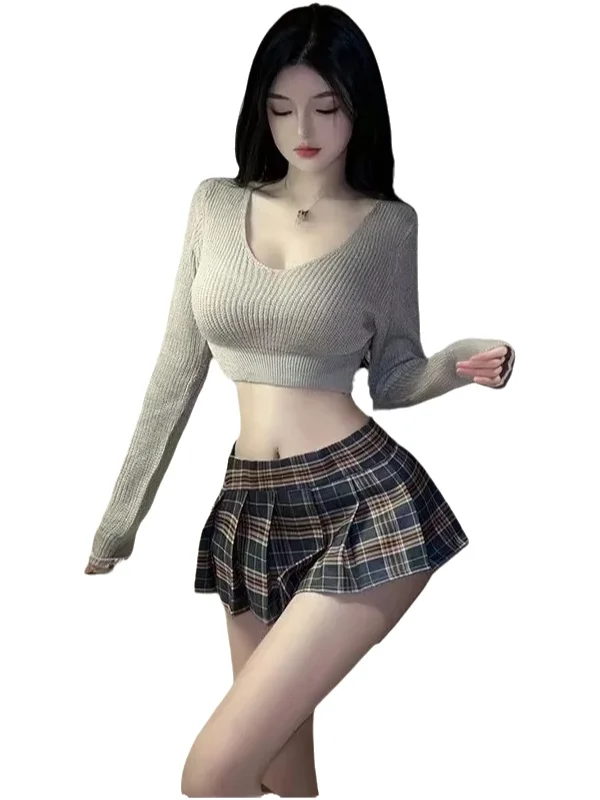 New Sexy Short Knitted Sweater V Neck Off Shoulder Top Student JK Pleated Two Piece Skirt Set Hot Sexy Women Sexy Skirt SBFW
New Sexy Short Knitted Sweater V Neck Off Shoulder Top Student JK Pleated Two Piece Skirt Set Hot Sexy Women Sexy Skirt SBFW