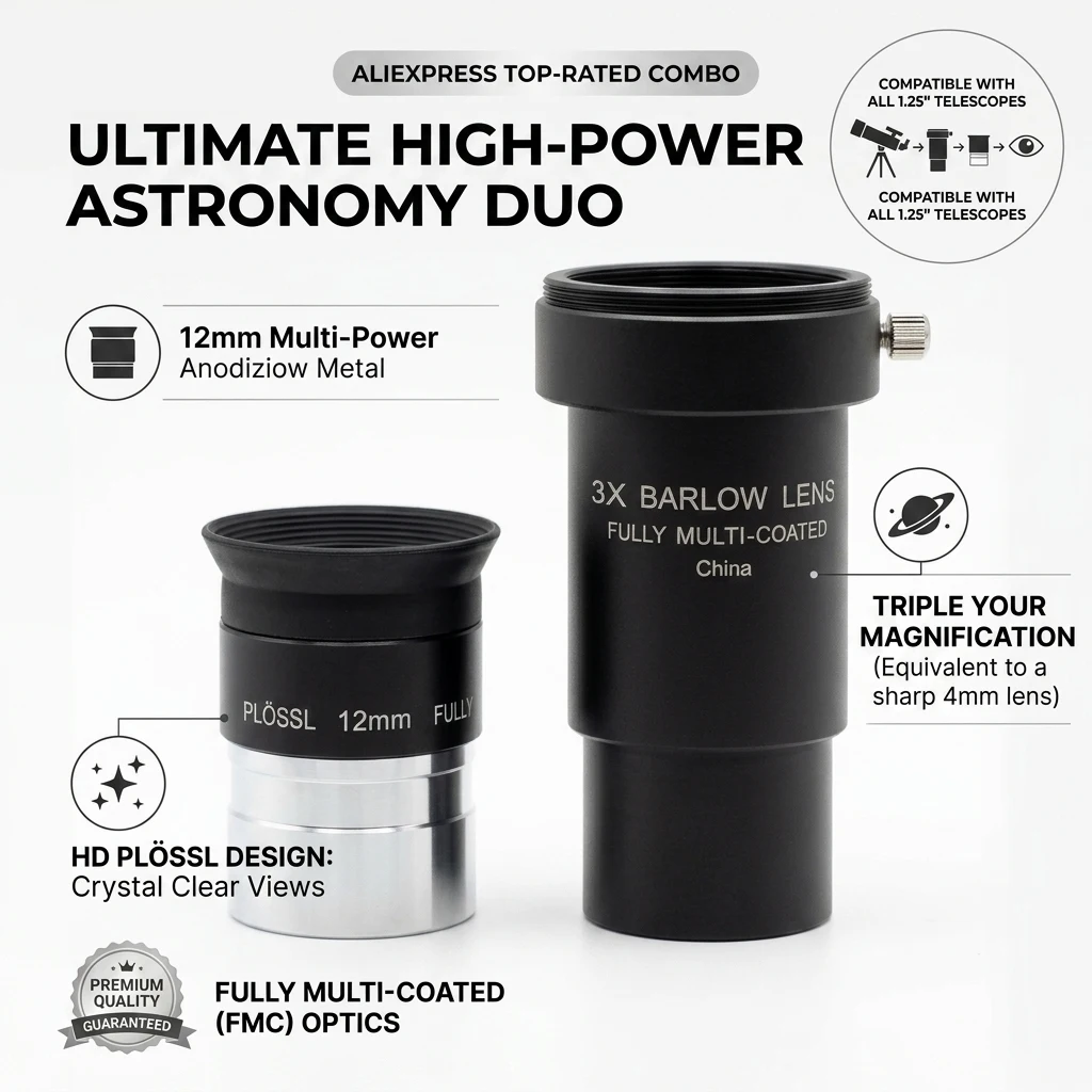 Telescope Eyepiece 2-in-1 Kit: 12mm Plössl + 3X Barlow Lens for SUPER High Magnification, Professional Planetary & Lunar Viewing
Telescope Eyepiece 2-in-1 Kit: 12mm Plössl + 3X Barlow Lens for SUPER High Magnification, Professional Planetary & Lunar Viewing