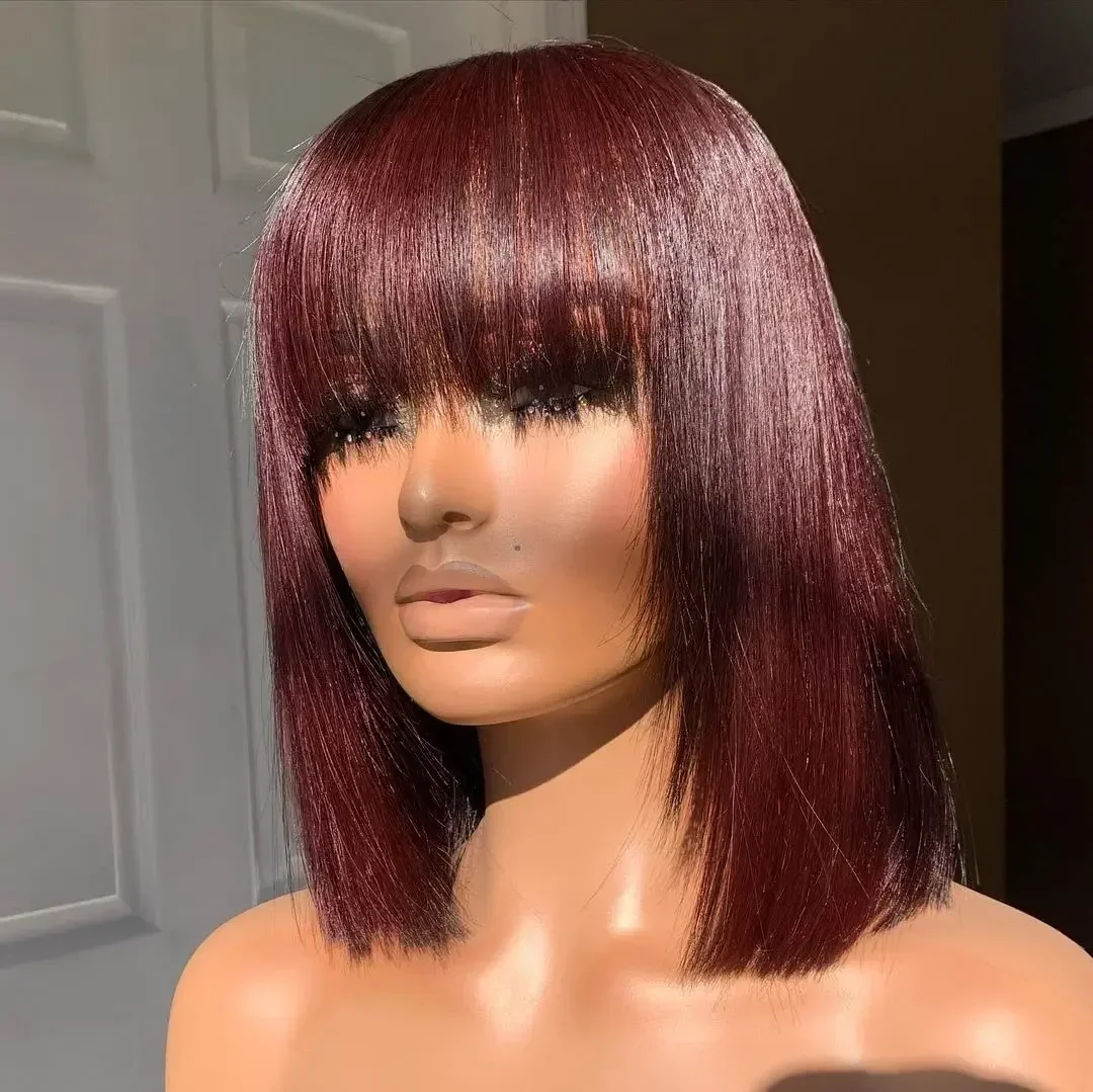 99J Burgundy Human Hair Short Bob Wig With Bangs Dark Brown Balayage Color Blend Straight Bob With Fringe For Women Machine
99J Burgundy Human Hair Short Bob Wig With Bangs Dark Brown Balayage Color Blend Straight Bob With Fringe For Women Machine