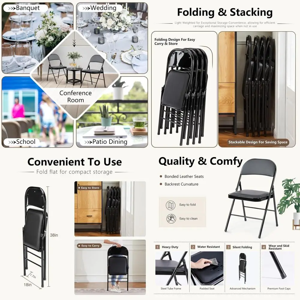 2-Pack Leatherette Padded Folding Chairs, Indoor/Outdoor Stackable Seats for Home, Office, Parties, Comfortable, Black
2-Pack Leatherette Padded Folding Chairs, Indoor/Outdoor Stackable Seats for Home, Office, Parties, Comfortable, Black