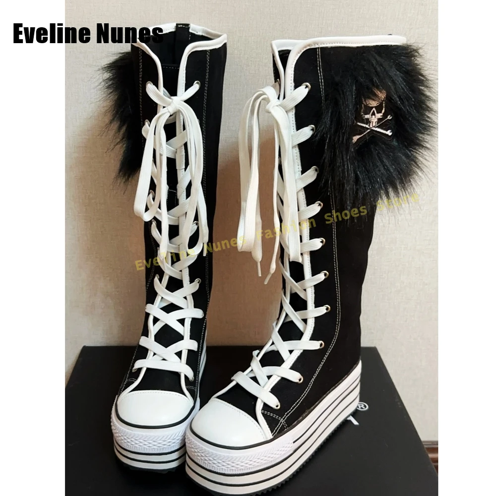 Skeleton Image Faux Fur Canvas Boots Round Toe Thick Sole Cross Tied Patchwork Y2K Knee High Boots 2025 Subculture Style Trend
Skeleton Image Faux Fur Canvas Boots Round Toe Thick Sole Cross Tied Patchwork Y2K Knee High Boots 2025 Subculture Style Trend