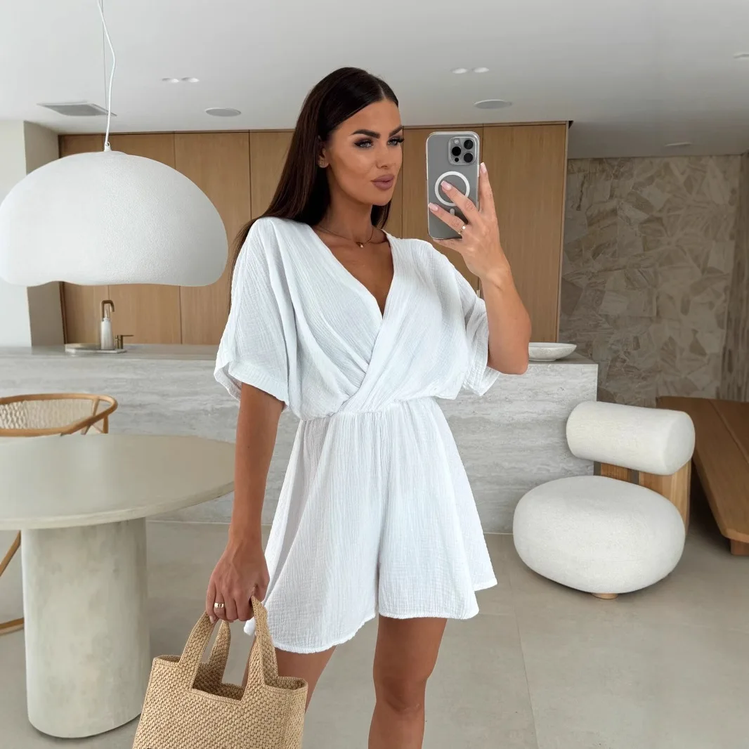 Summer V-neck Fashion Casual White Vacation Playsuits Waist Cinched Solid Jumpsuit For Women Bodysuits Sexy Pantalones De Mujer
Summer V-neck Fashion Casual White Vacation Playsuits Waist Cinched Solid Jumpsuit For Women Bodysuits Sexy Pantalones De Mujer