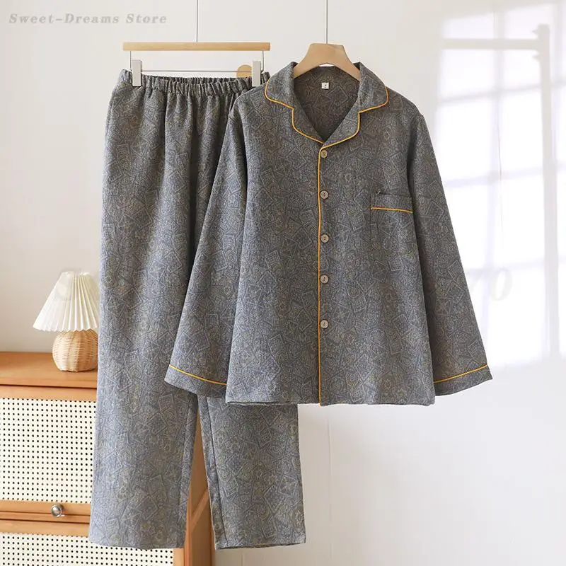 Мужская хлопковая одежда для сна Pijama Mujer, винтажный жаккардовый пижамный комплект с длинными рукавами и брюками, одежда для дома, свободная повседневная домашняя одежда, пижама 
Мужская хлопковая одежда для сна Pijama Mujer, винтажный жаккардовый пижамный комплект с длинными рукавами и брюками, одежда для дома, свободная повседневная домашняя одежда, пижама
