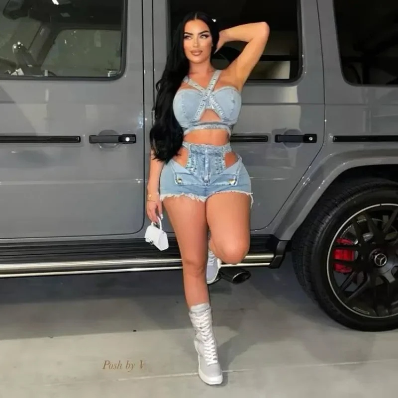Women Sexy Denim 2 Piece Set Hollow Out Strapless Halter Bandage Tank Crop Tops + Tassel Shorts Y2K Streetwear Jeans Suits
Women Sexy Denim 2 Piece Set Hollow Out Strapless Halter Bandage Tank Crop Tops + Tassel Shorts Y2K Streetwear Jeans Suits